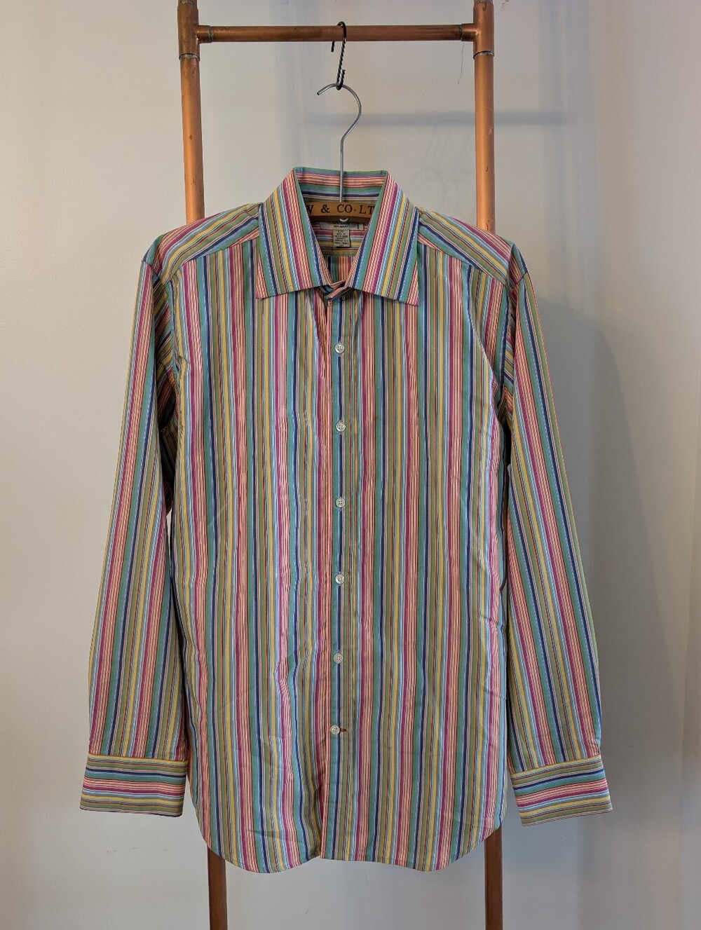 Y2K - "Guess" Men's Multicolor Vertical Stripe Dress Shirt - Pink, Blue, Green